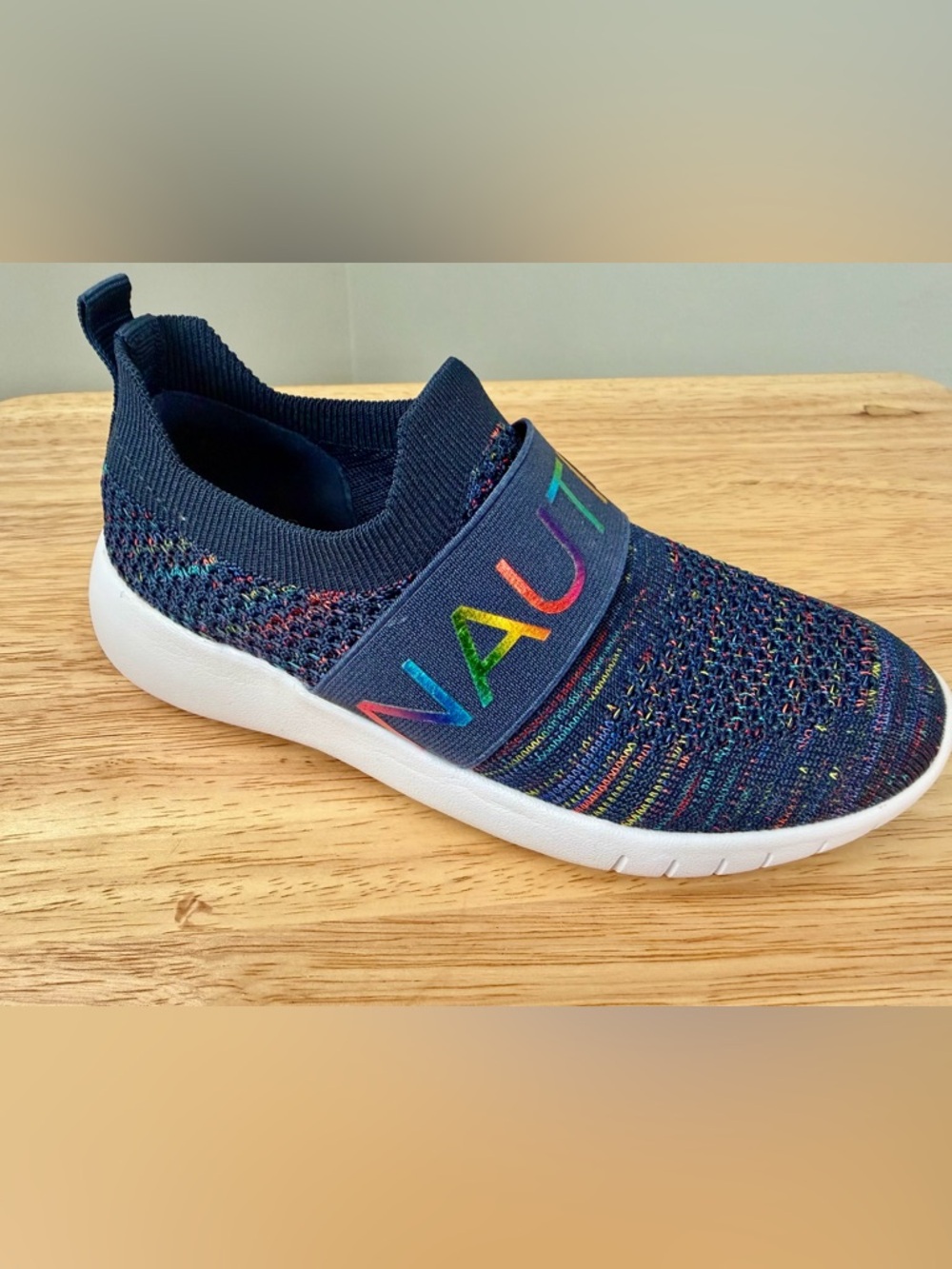 Nautica Navy Knit Slip-On Sneaker with Rainbow Logo